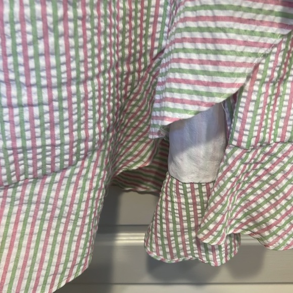 Draper James Pink & Green Striped Seersucker Wrap Dress w/Puff Sleeve & Ruffles - Picture 7 of 8